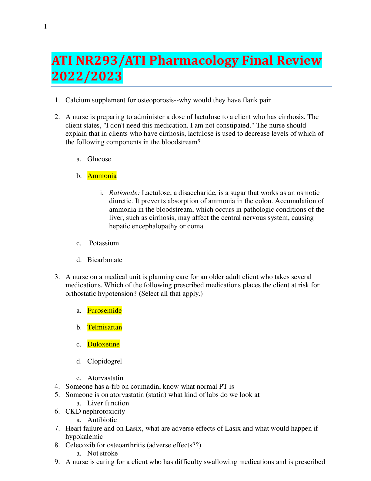 Preview image for ATI Pharmacology. with answers and explanation. download for grade A